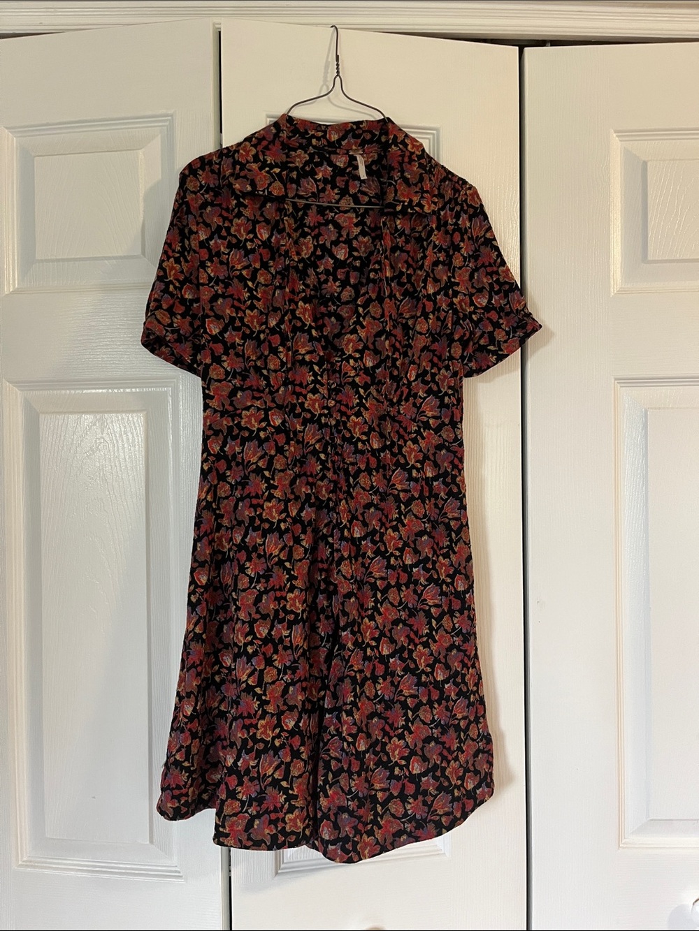Free People Black Mini Dress with Red and Brown Floral Print